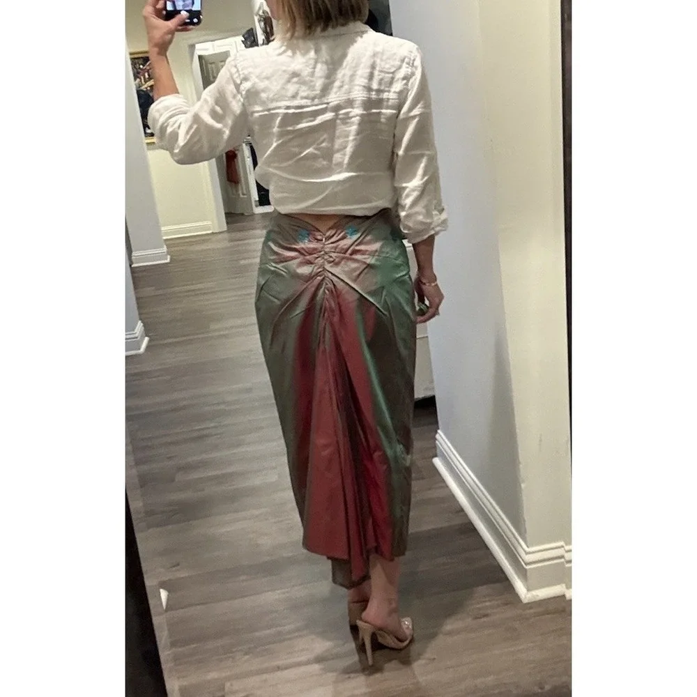 Vtg 90s Y2K Free People Silk Floral Embroidered Iridescent Midi Bussell Skirt - Picture 6 of 11